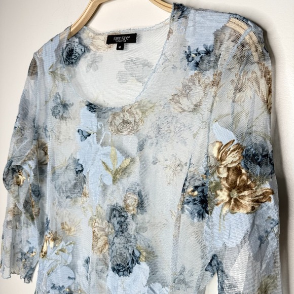 Karen Kane Sz M Blue Floral Sheer Mesh Stretchy Vintage Y2K Rave Fairy Top - Picture 3 of 7